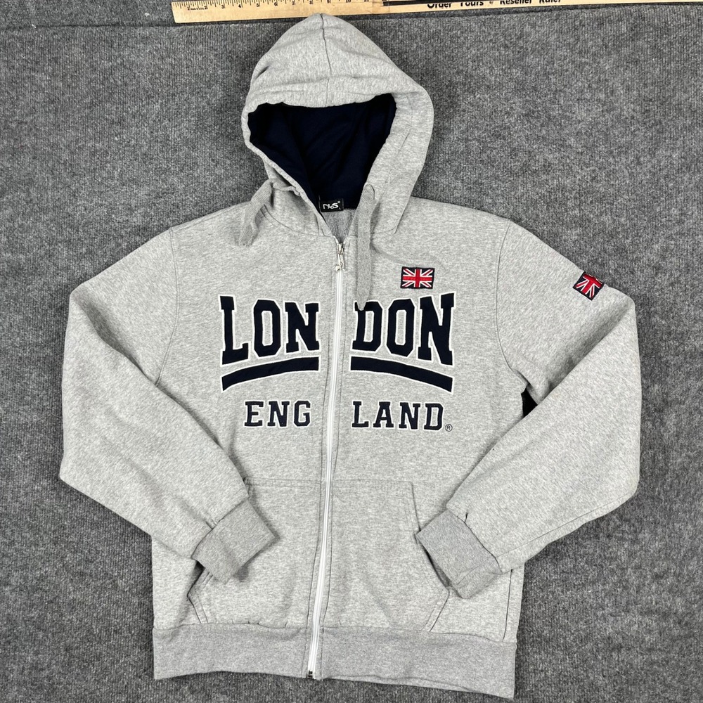 NS Hoodie Mens Size L Gray London England Full Zip Souvenir Fleece Sweatshirt
